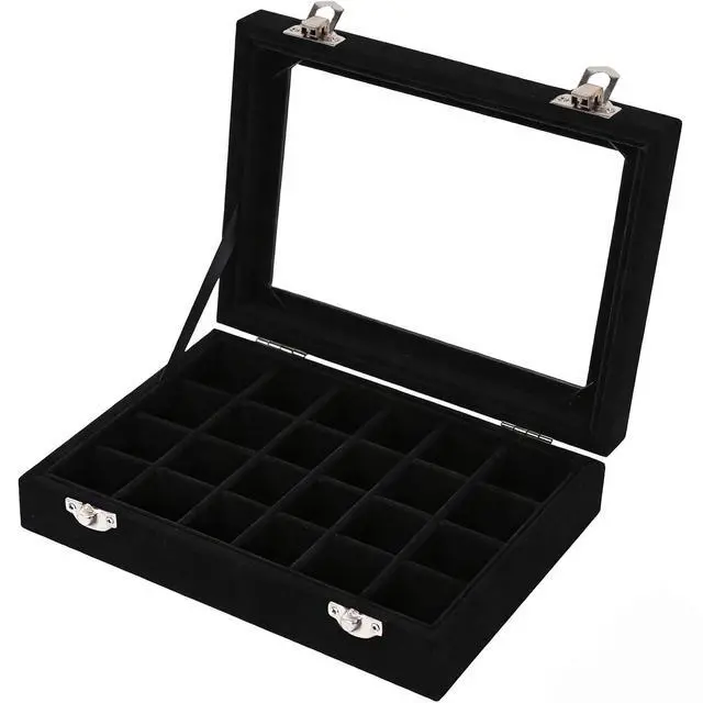 Alt view image 3 of 7 - Velvet Jewelry Box 24 Grid Jewelry Earrings Display Organiser Box Ring Tray Holder Earrings Storage Case for Girls Women Wife Mom (Black)