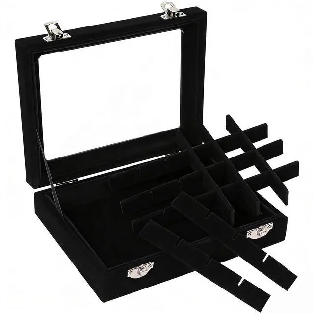 Alt view image 6 of 7 - Velvet Jewelry Box 24 Grid Jewelry Earrings Display Organiser Box Ring Tray Holder Earrings Storage Case for Girls Women Wife Mom (Black)