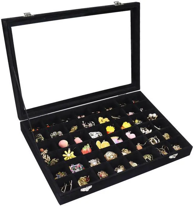 Main image of 48 Grid Velvet Jewelry Tray Clear Lid Rings Earrings | Jewelry Storage Case for Studs Necklaces Dresser Vanity Gift for Girls Wife Mom Women ( Black)