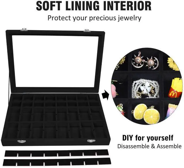 Alt view image 3 of 6 - 48 Grid Velvet Jewelry Tray Clear Lid Rings Earrings | Jewelry Storage Case for Studs Necklaces Dresser Vanity Gift for Girls Wife Mom Women ( Black)