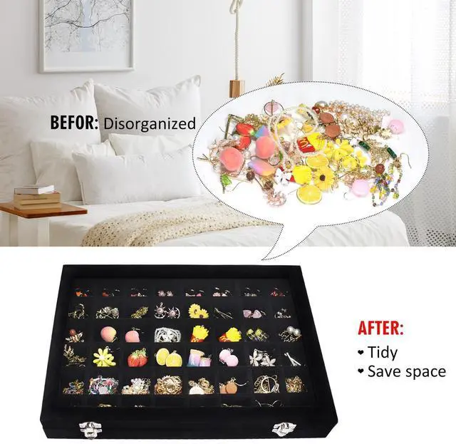Alt view image 5 of 6 - 48 Grid Velvet Jewelry Tray Clear Lid Rings Earrings | Jewelry Storage Case for Studs Necklaces Dresser Vanity Gift for Girls Wife Mom Women ( Black)