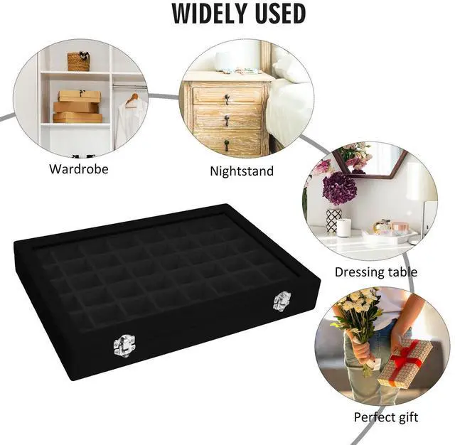 Alt view image 6 of 6 - 48 Grid Velvet Jewelry Tray Clear Lid Rings Earrings | Jewelry Storage Case for Studs Necklaces Dresser Vanity Gift for Girls Wife Mom Women ( Black)