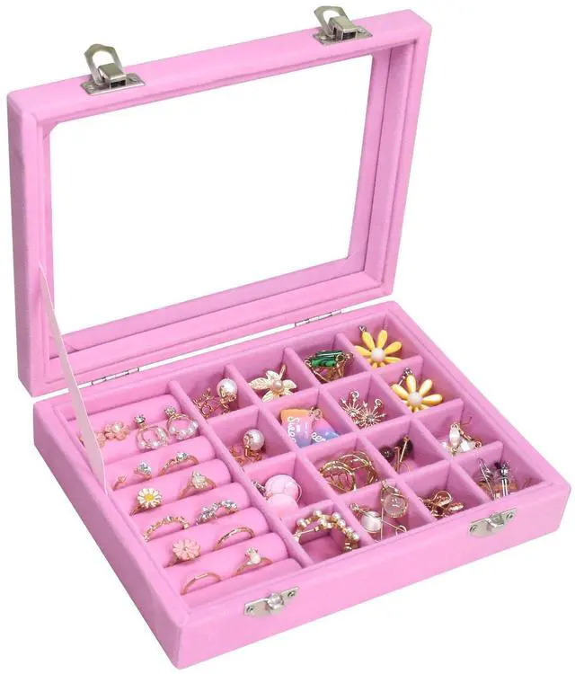 Main image of Rings Organizer Tray 7 &16 Grid Slots Velvet Jewelry Earring Storage Box | Jewelry Display Case with Transparent Lid for Girls Wife Mom Women (Pink
