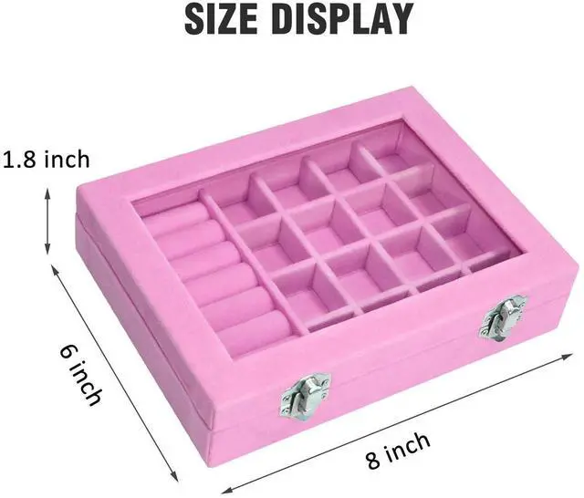 Alt view image 2 of 7 - Rings Organizer Tray 7 &16 Grid Slots Velvet Jewelry Earring Storage Box | Jewelry Display Case with Transparent Lid for Girls Wife Mom Women (Pink