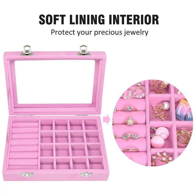 Alt view image 3 of 7 - Rings Organizer Tray 7 &16 Grid Slots Velvet Jewelry Earring Storage Box | Jewelry Display Case with Transparent Lid for Girls Wife Mom Women (Pink