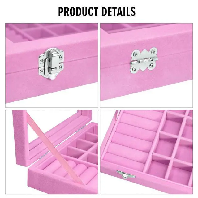 Alt view image 4 of 7 - Rings Organizer Tray 7 &16 Grid Slots Velvet Jewelry Earring Storage Box | Jewelry Display Case with Transparent Lid for Girls Wife Mom Women (Pink
