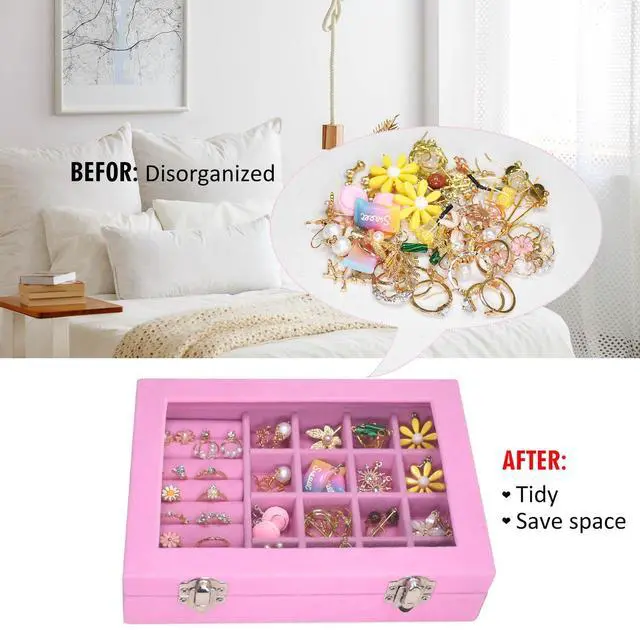 Alt view image 5 of 7 - Rings Organizer Tray 7 &16 Grid Slots Velvet Jewelry Earring Storage Box | Jewelry Display Case with Transparent Lid for Girls Wife Mom Women (Pink