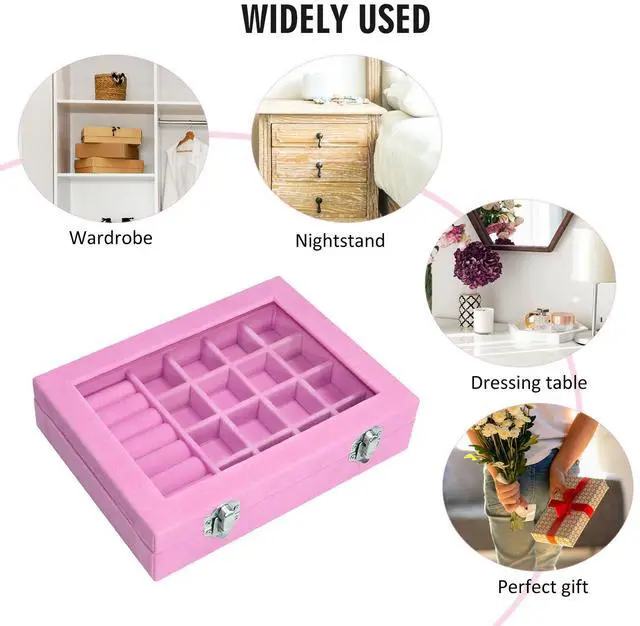 Alt view image 6 of 7 - Rings Organizer Tray 7 &16 Grid Slots Velvet Jewelry Earring Storage Box | Jewelry Display Case with Transparent Lid for Girls Wife Mom Women (Pink