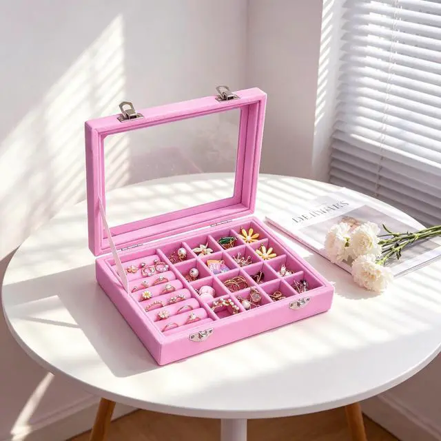 Alt view image 7 of 7 - Rings Organizer Tray 7 &16 Grid Slots Velvet Jewelry Earring Storage Box | Jewelry Display Case with Transparent Lid for Girls Wife Mom Women (Pink
