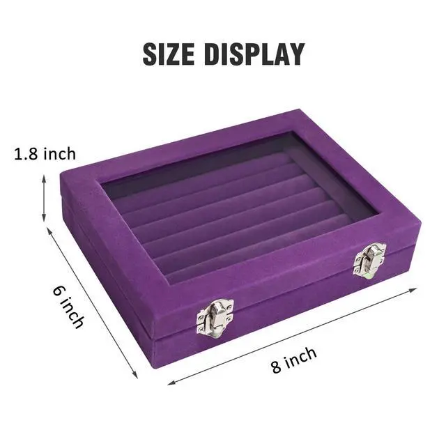 Alt view image 2 of 6 - Rings Organizer Tray 7 Slots Velvet Jewelry Earring Storage Box | Jewelry Display Case with Transparent Lid for Girls Wife Mom Women (Purple)