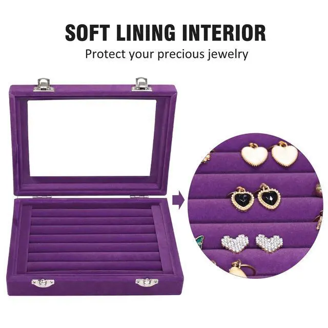 Alt view image 3 of 6 - Rings Organizer Tray 7 Slots Velvet Jewelry Earring Storage Box | Jewelry Display Case with Transparent Lid for Girls Wife Mom Women (Purple)