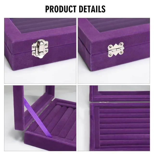 Alt view image 4 of 6 - Rings Organizer Tray 7 Slots Velvet Jewelry Earring Storage Box | Jewelry Display Case with Transparent Lid for Girls Wife Mom Women (Purple)
