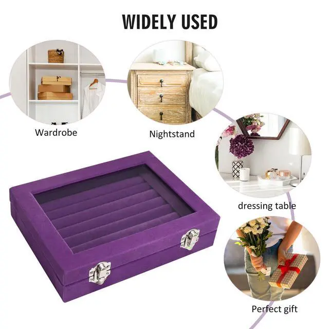 Alt view image 6 of 6 - Rings Organizer Tray 7 Slots Velvet Jewelry Earring Storage Box | Jewelry Display Case with Transparent Lid for Girls Wife Mom Women (Purple)
