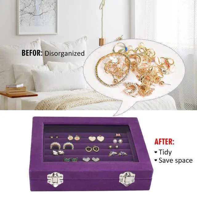 Alt view image 5 of 6 - Rings Organizer Tray 7 Slots Velvet Jewelry Earring Storage Box | Jewelry Display Case with Transparent Lid for Girls Wife Mom Women (Purple)