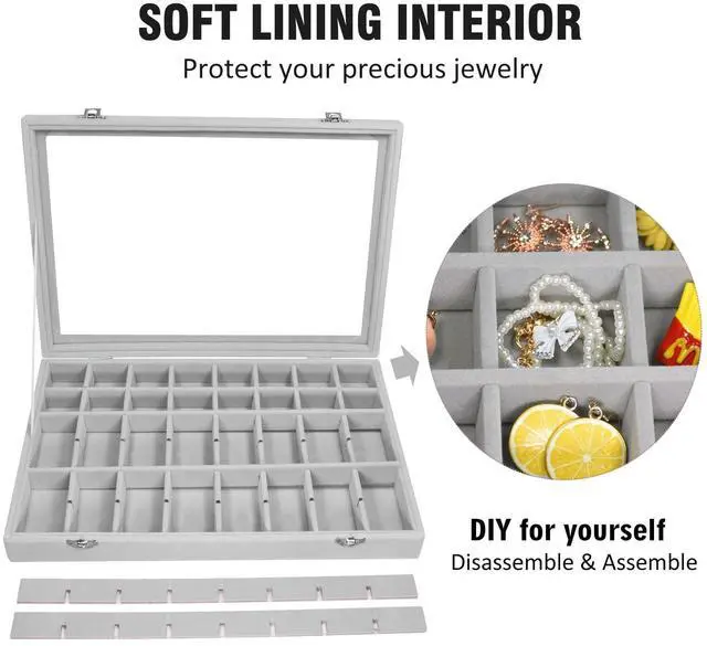 Alt view image 3 of 6 - 48 Grid Velvet Earring Organizer Tray with Lid for Rings | Jewelry Storage Case for Studs Necklaces Dresser Vanity Gift for Girls Wife Mom Women (Gray)