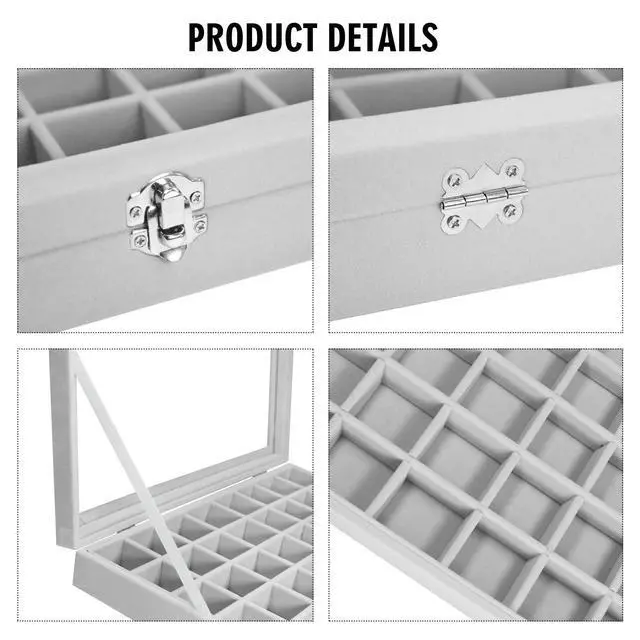 Alt view image 4 of 6 - 48 Grid Velvet Earring Organizer Tray with Lid for Rings | Jewelry Storage Case for Studs Necklaces Dresser Vanity Gift for Girls Wife Mom Women (Gray)