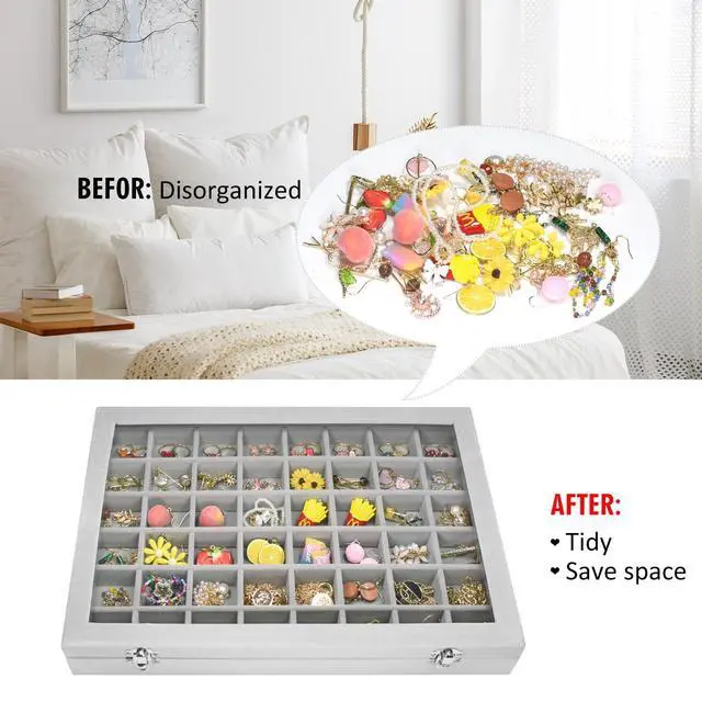 Alt view image 5 of 6 - 48 Grid Velvet Earring Organizer Tray with Lid for Rings | Jewelry Storage Case for Studs Necklaces Dresser Vanity Gift for Girls Wife Mom Women (Gray)