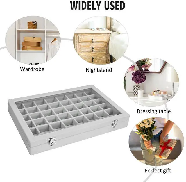Alt view image 6 of 6 - 48 Grid Velvet Earring Organizer Tray with Lid for Rings | Jewelry Storage Case for Studs Necklaces Dresser Vanity Gift for Girls Wife Mom Women (Gray)