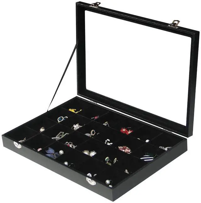 Main image of Jewelry Organizer Box, Black Velvet 24 Grids Ring Earring Jewelry Display Tray Case with Transparent Glass Lid for Home Drawer or Shop Selling