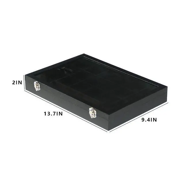 Alt view image 2 of 6 - Jewelry Organizer Box, Black Velvet 24 Grids Ring Earring Jewelry Display Tray Case with Transparent Glass Lid for Home Drawer or Shop Selling