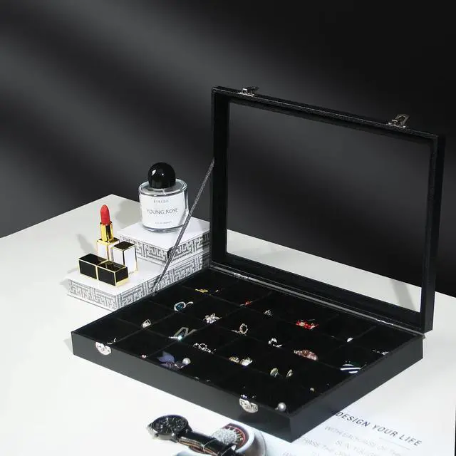 Alt view image 3 of 6 - Jewelry Organizer Box, Black Velvet 24 Grids Ring Earring Jewelry Display Tray Case with Transparent Glass Lid for Home Drawer or Shop Selling