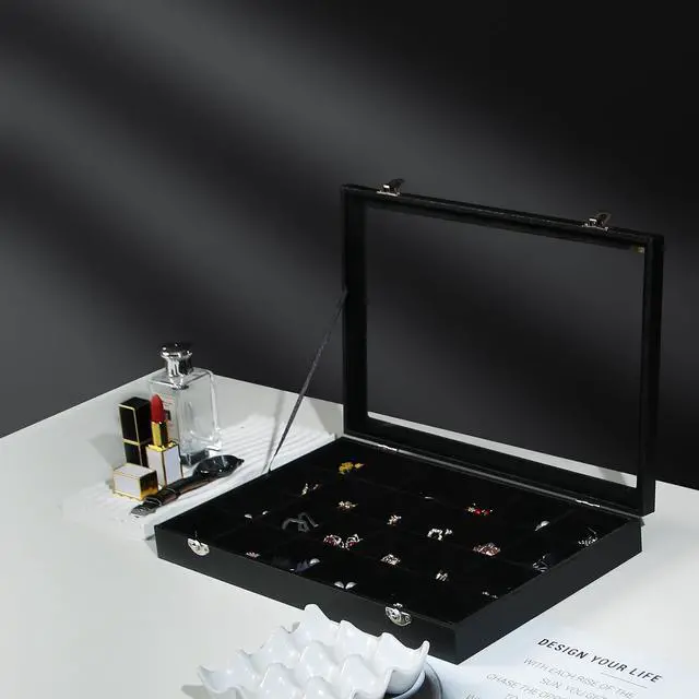 Alt view image 5 of 6 - Jewelry Organizer Box, Black Velvet 24 Grids Ring Earring Jewelry Display Tray Case with Transparent Glass Lid for Home Drawer or Shop Selling