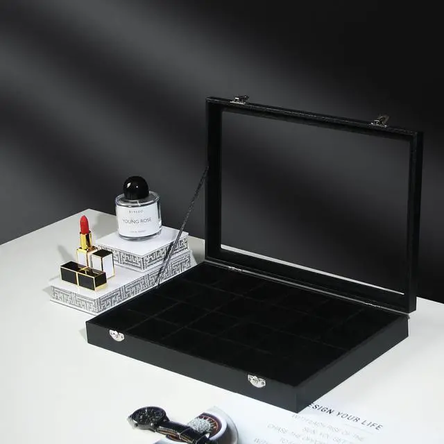 Alt view image 6 of 6 - Jewelry Organizer Box, Black Velvet 24 Grids Ring Earring Jewelry Display Tray Case with Transparent Glass Lid for Home Drawer or Shop Selling