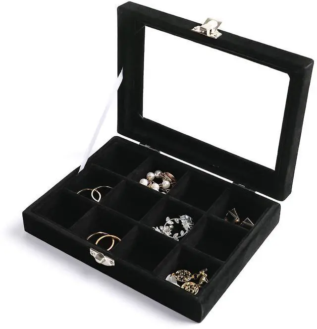 Main image of Tiny 12 Grid Earring Organizer Tray, Velvet Jewelry Box with Lid | Jewelry Tray With Lid,Adjuatable Dividers,Velvet Lining,Earring Organizer Box, Display Case,Drawer Insert,Gift For Women