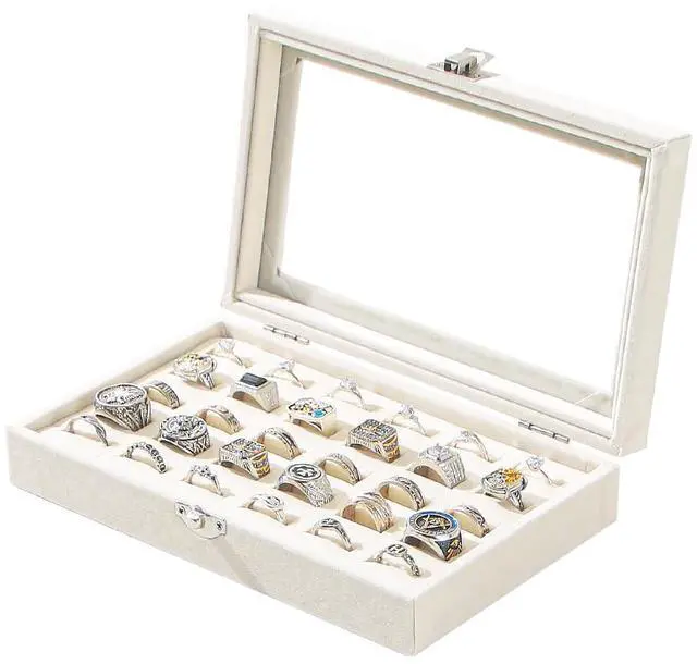 Main image of Ring Display Case,Jewelry Ring Organizer Box For Rings,Ring And Earring Holder Box For Girl,Velvet Ring Display Tray (Beige, 30 slots), QF010
