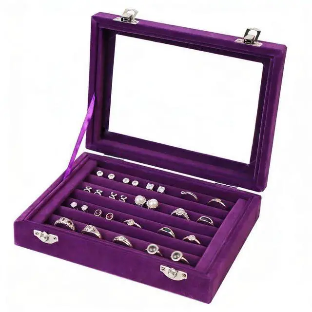 Main image of Jewelry Box Rings Organizer Tray 7 Slots Velvet Jewelry Earring Storage Box With Transparent Lid Jewelry Display Case for Girls Women (Purple)
