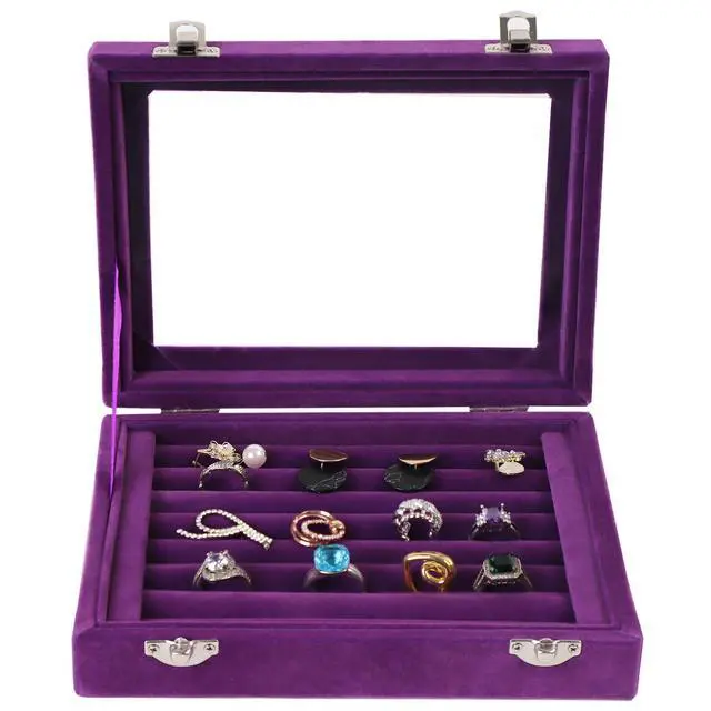 Alt view image 2 of 7 - Jewelry Box Rings Organizer Tray 7 Slots Velvet Jewelry Earring Storage Box With Transparent Lid Jewelry Display Case for Girls Women (Purple)