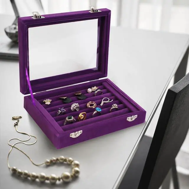Alt view image 4 of 7 - Jewelry Box Rings Organizer Tray 7 Slots Velvet Jewelry Earring Storage Box With Transparent Lid Jewelry Display Case for Girls Women (Purple)