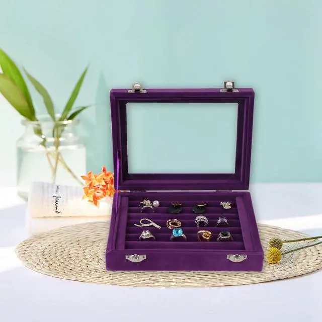 Alt view image 6 of 7 - Jewelry Box Rings Organizer Tray 7 Slots Velvet Jewelry Earring Storage Box With Transparent Lid Jewelry Display Case for Girls Women (Purple)