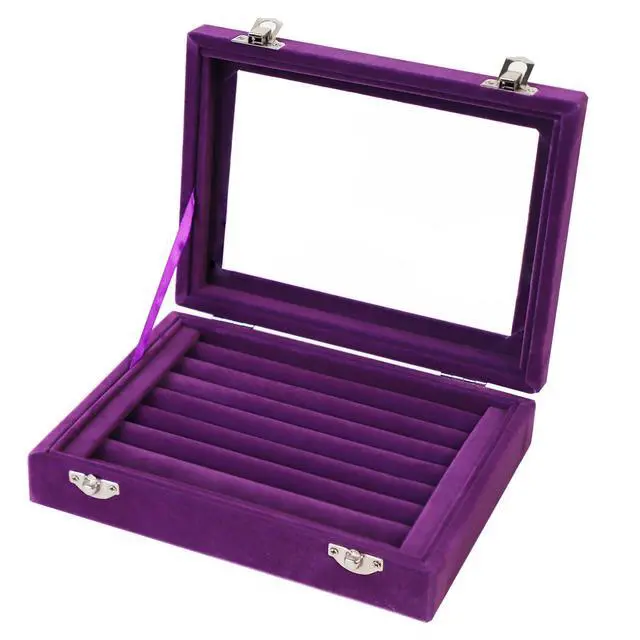 Alt view image 7 of 7 - Jewelry Box Rings Organizer Tray 7 Slots Velvet Jewelry Earring Storage Box With Transparent Lid Jewelry Display Case for Girls Women (Purple)