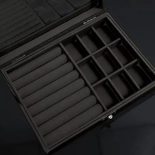 Alt view image 2 of 5 - Clear Lid Velvet Jewelry Organizer Box with 9 Grids and 8 Slots for Rings Earrings Necklaces Tray Display Case, Black