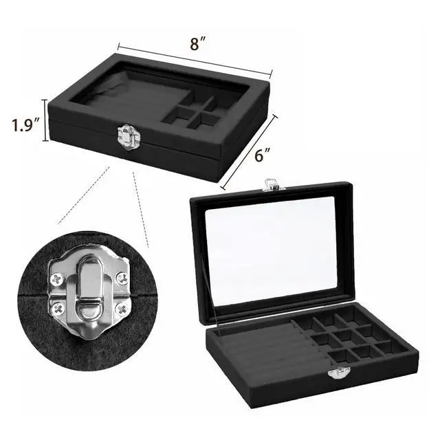 Alt view image 4 of 5 - Clear Lid Velvet Jewelry Organizer Box with 9 Grids and 8 Slots for Rings Earrings Necklaces Tray Display Case, Black
