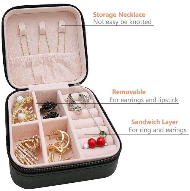 Alt view image 4 of 6 - Mini Jewelry Travel Case, Small Portable Jewellry Organizer Box Portable Display Storage Box for Rings Earrings Necklaces, Gifts for Girl, Women, Wedding, Birthday, Mom, Mother's Day (Black)