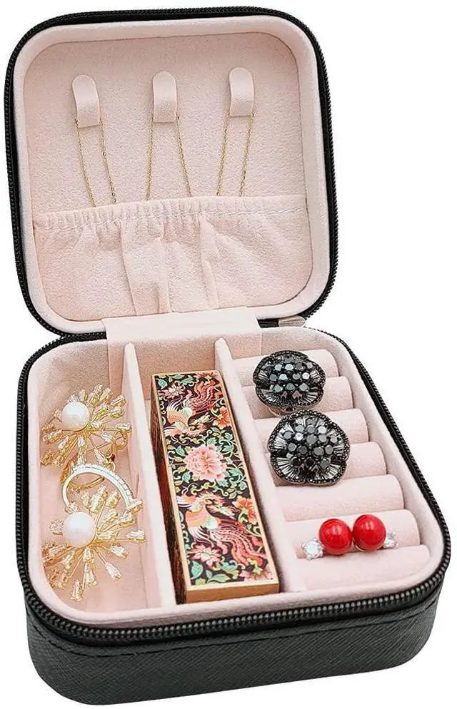Alt view image 5 of 6 - Mini Jewelry Travel Case, Small Portable Jewellry Organizer Box Portable Display Storage Box for Rings Earrings Necklaces, Gifts for Girl, Women, Wedding, Birthday, Mom, Mother's Day (Black)
