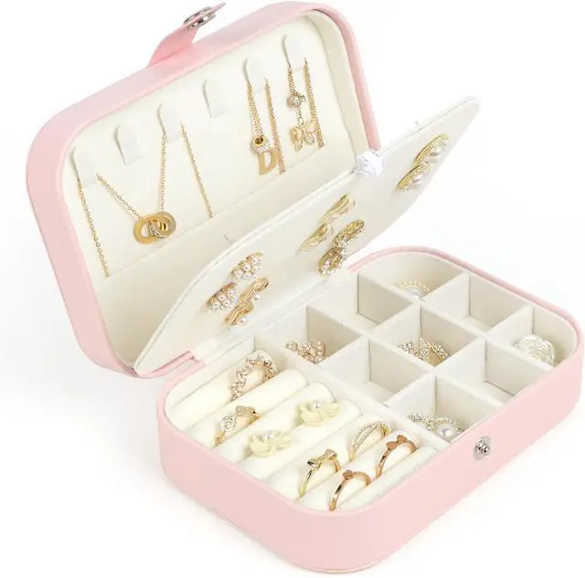 Main image of Travel Jewelry Box, Small Jewelry Organizer Boxes for Women Girls, 2 Layer Travel Jewlery Case, PU Leather Mini Portable Jewerly Storage Display Holder for Earrings, Ring, Necklaces, Bracelets(Pink 1)
