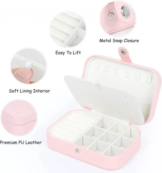Alt view image 3 of 7 - Travel Jewelry Box, Small Jewelry Organizer Boxes for Women Girls, 2 Layer Travel Jewlery Case, PU Leather Mini Portable Jewerly Storage Display Holder for Earrings, Ring, Necklaces, Bracelets(Pink 1)