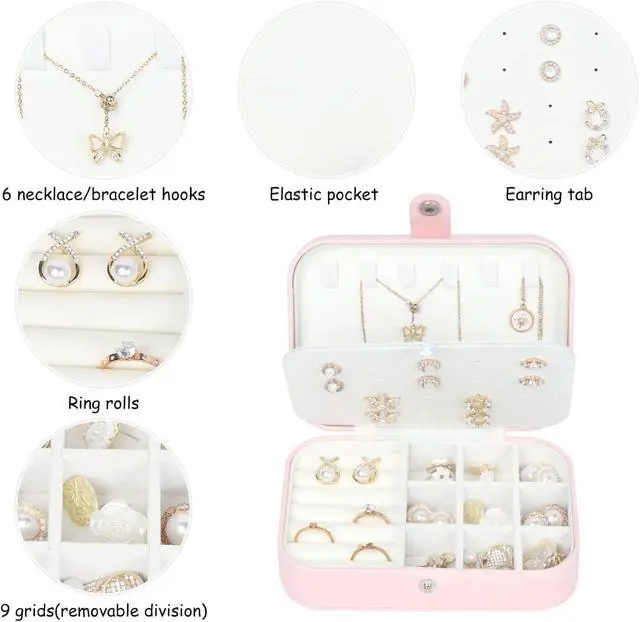 Alt view image 4 of 7 - Travel Jewelry Box, Small Jewelry Organizer Boxes for Women Girls, 2 Layer Travel Jewlery Case, PU Leather Mini Portable Jewerly Storage Display Holder for Earrings, Ring, Necklaces, Bracelets(Pink 1)