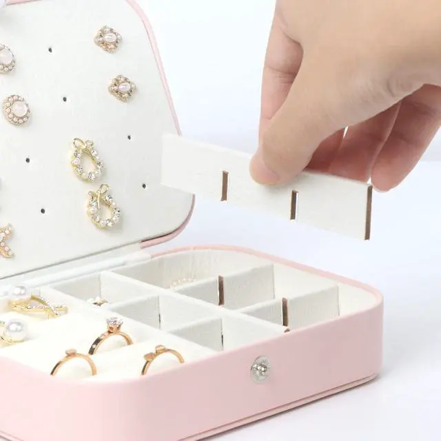 Alt view image 5 of 7 - Travel Jewelry Box, Small Jewelry Organizer Boxes for Women Girls, 2 Layer Travel Jewlery Case, PU Leather Mini Portable Jewerly Storage Display Holder for Earrings, Ring, Necklaces, Bracelets(Pink 1)