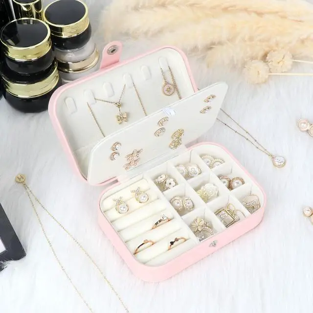 Alt view image 7 of 7 - Travel Jewelry Box, Small Jewelry Organizer Boxes for Women Girls, 2 Layer Travel Jewlery Case, PU Leather Mini Portable Jewerly Storage Display Holder for Earrings, Ring, Necklaces, Bracelets(Pink 1)