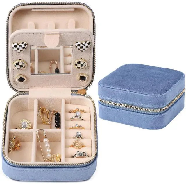 Main image of Velvet Travel Jewelry Box, Mini Travel Jewelry Case, Small Portable Travel Jewelry Organizer Box with Mirror for Women Girls (blue), 3-layer