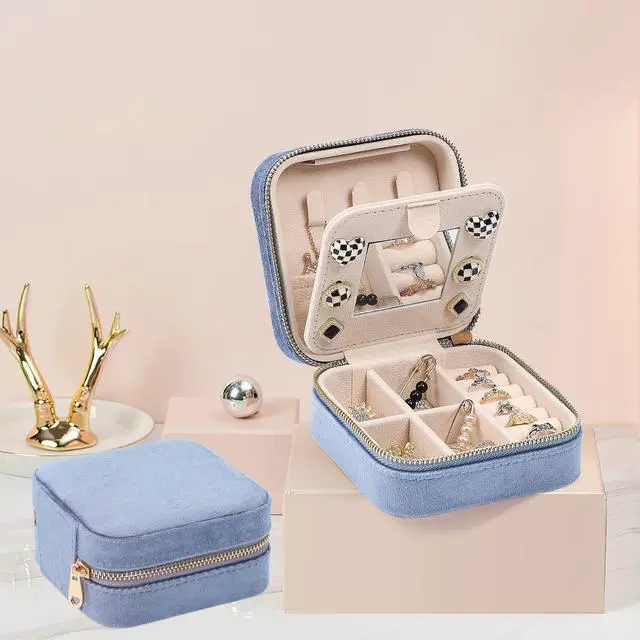 Alt view image 2 of 7 - Velvet Travel Jewelry Box, Mini Travel Jewelry Case, Small Portable Travel Jewelry Organizer Box with Mirror for Women Girls (blue), 3-layer