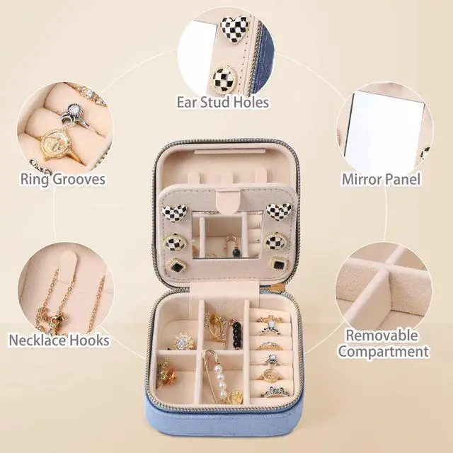 Alt view image 4 of 7 - Velvet Travel Jewelry Box, Mini Travel Jewelry Case, Small Portable Travel Jewelry Organizer Box with Mirror for Women Girls (blue), 3-layer
