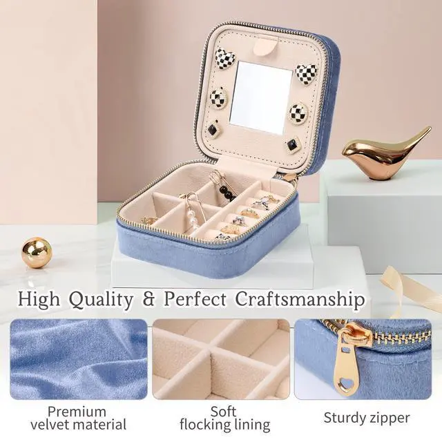 Alt view image 5 of 7 - Velvet Travel Jewelry Box, Mini Travel Jewelry Case, Small Portable Travel Jewelry Organizer Box with Mirror for Women Girls (blue), 3-layer