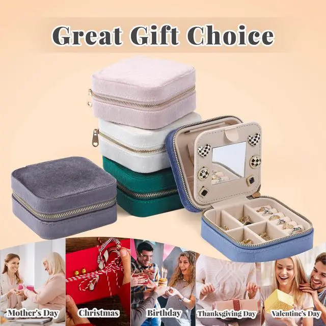 Alt view image 6 of 7 - Velvet Travel Jewelry Box, Mini Travel Jewelry Case, Small Portable Travel Jewelry Organizer Box with Mirror for Women Girls (blue), 3-layer