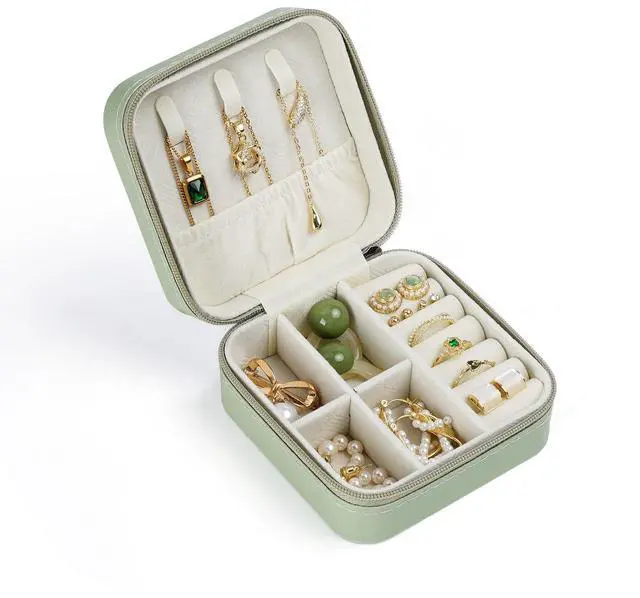 Main image of Travel Jewelry Case, Small Jewelry Box Portable Jewelry Travel Organizer Display Storage Case for Rings Earring Necklace Bracelet, Gift for Women Girls, Green