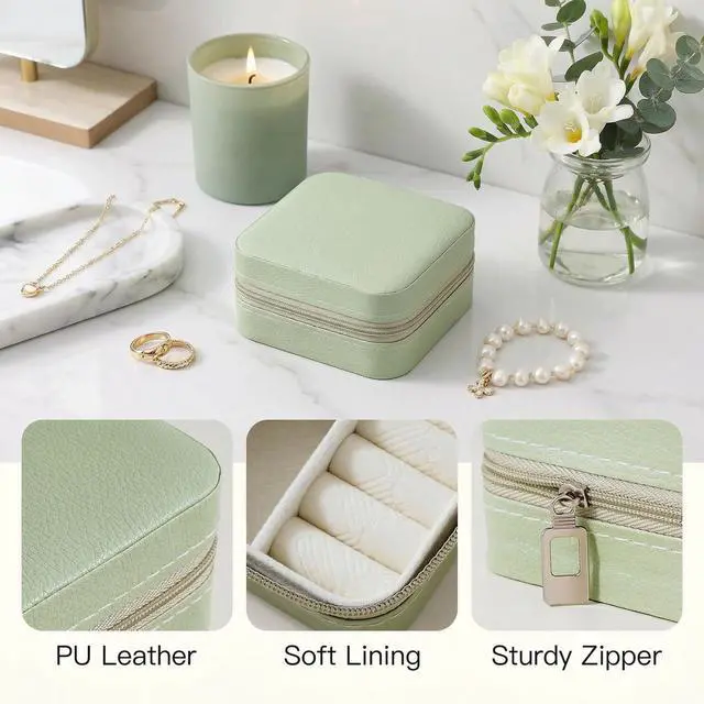 Alt view image 3 of 6 - Travel Jewelry Case, Small Jewelry Box Portable Jewelry Travel Organizer Display Storage Case for Rings Earring Necklace Bracelet, Gift for Women Girls, Green